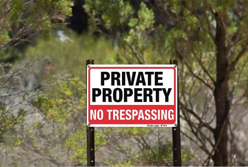 Image of Large No Trespassing Signs Private Property, 10x14 Inch Aluminum, 4 Pack | Rust-free aluminum with UV print; weatherproof for yard, fences, gates, farms, driveways, and home entrances