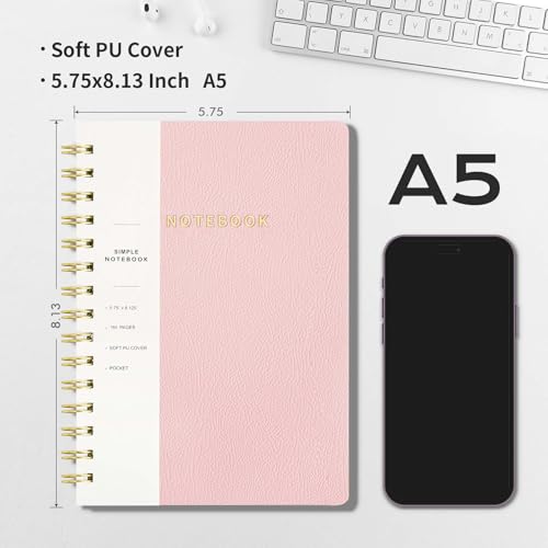 Image of Spiral Notebook-5.75 inch x 8.125 inch College Ruled Journal with Inner Pockets and 160 Pages,PU Leather Cover Business Journal, Twin-Wire Binding Notebook Perfect for Office & Home School Supplies Light Pink
