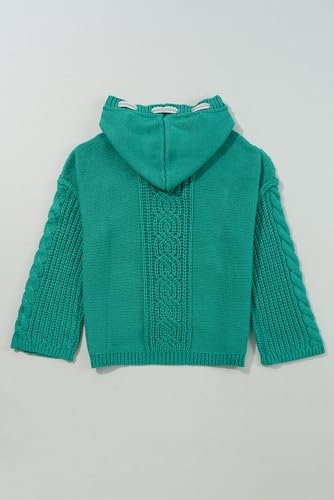 Women's Sea Green Cable Knit V Neck Hooded Sweater with Drawstring4