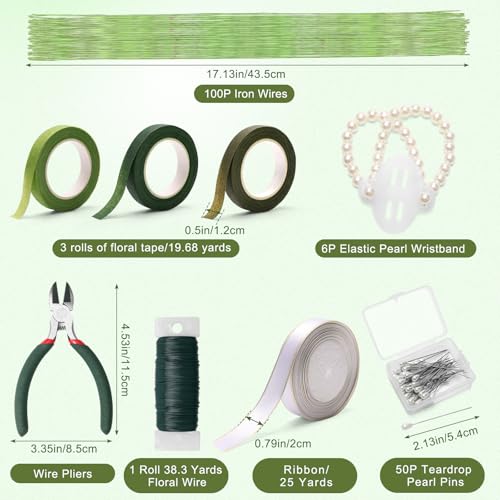 AHIER Corsage Wristlet Band, 213PCS DIY Wrist Corsage Kit with 6P Corsage Bracelet, Wire Cutter and Floral Wire, Green Floral Tape, Pin, Ribbon for Wedding Party Boutonniere Wrist Corsage Supplies - Thumbnail 2