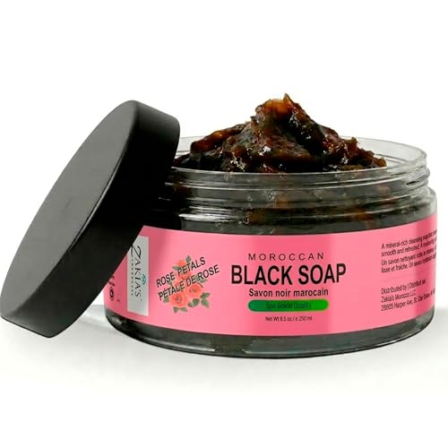 Zakia's Morocco Black Soap (Beldi Soap) with Rose Blossom Scent - 100% natural, Body Scrub, Pure & Natural, Purifying, Cleansing, exfoliating for Hammam Ritual- 8.8Oz / 250gr