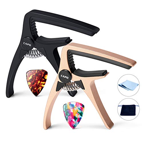 Primium Aluminum(NOT plastic) Guitar Capo for Acoustic Guitar and and Electric Guitar, 2 Pack Professional capos with 2 Picks, Necessary Guitar Clamps gifts for beginners and professioners