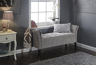 Home Source -Grey Window Storage Seat Blanket Box Luxury Buttoned Chenille Fabric Hinged Lid