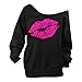 Begonia.K Women's Sexy Pullover Lips Print Casual Off The Shoulder Slouchy Shirt, Black, Medium