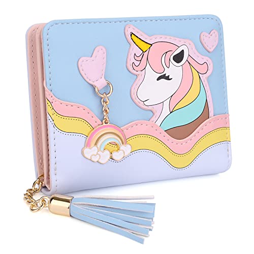 Kawaii Wallet for Women Unicorn Rainbow Ladies Purse Tassel Zipper Pocket Faux Leather by UTO Light Blue
