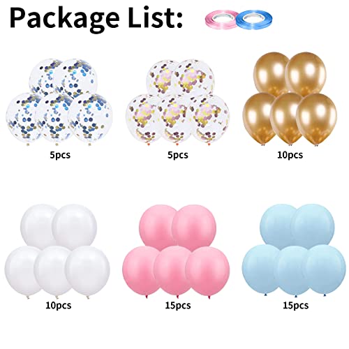 Image of Balloons Pink and Blue, 60 Pack 12 Inch Pastel Light Pink Blue with Metallic Gold Confetti Balloons for Birthday, Gender Reveal, Baby Shower, Boy or Girl Party Decoration