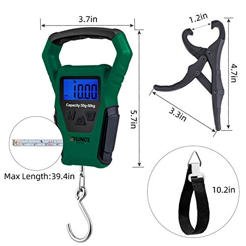 Runcl Waterproof Fishing Scale With Lip Gripper, Digital Hanging Scale With 40 Inch Built-In Tape, Three Mode-Lb/Oz/Kg, Non-Slip Big Handle, 110 Lb/50Kgs, Memory Storage, Backlit Lcd Display(Green) #TOP5