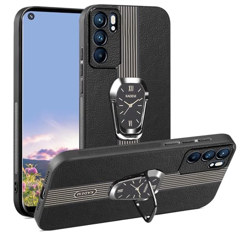 Kainevy Phone Case for Oppo Reno 6 5G Black Leather Silicone Cover with Metal Ring Stand, Slim Soft Magnetic Shockproof Protective Cover for Women Men, Classy Luxury (Black)