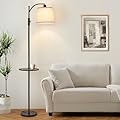 AIDENOEY Fully Dimmable Floor Lamp for Living Room?Standing Lamp Rotary Switch with Table&Linen Beige Shade?Black Tall Lamps for Bedroom with Adjust Head?9W LED Bulb Included