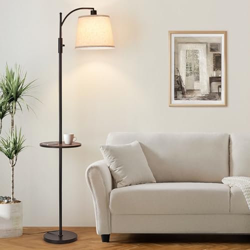 Image of AIDENOEY Fully Dimmable Floor Lamp for Living Room,Standing Lamp Rotary Switch with Table&Linen Beige Shade,Black Tall Lamps for Bedroom with Adjust Head,9W LED Bulb Included