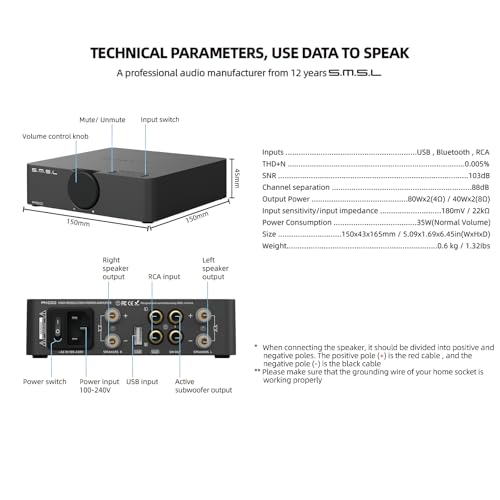 Image of S.M.S.L A100 Power Amplifier - High-Resolution 80W x 2 @ 4Ω Class D USB RCA Amplifier with Blue tooth 5.0 - 2.1 Amp HiFi Amplifier for Audiophiles