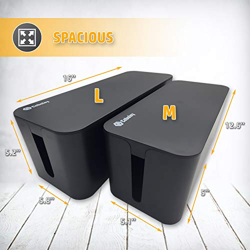 Cable Management Box Organizer Set, Pack Of 2 With Configuration Kit, Updated Anti-Skid Design, Large And Medium Black Boxes With Cable Ties, Clips And Sleeve. Covers And Hides Cords/Wires/Power Strip #TOP4