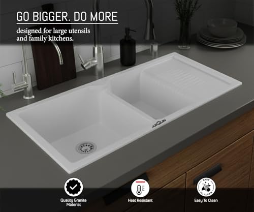 Image of ARQUIN Double Bowl Quartz With Drainboard Kitchen Sink 45x20x9 Inch | Undermount,Topmount | Including Coupling,Sink Connector,Waste Pipe & Fruit Washing Basket