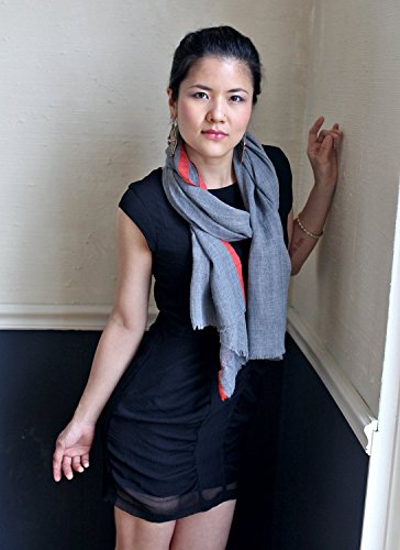 Women's Stripe Selvedge Gray Soft Lightweight Wool Scarf (Tuscany Orange) #TOP3