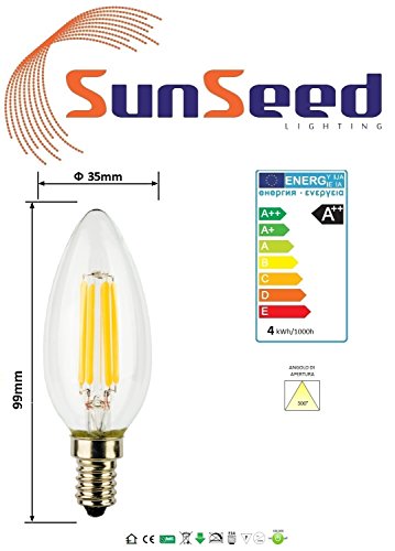 SUNSEED 6 X E14 4W (Equivalent to 40W) Sapphire Filament LED Candle Light Bulb C35 Warm White 2700K, Pack of 06 - Warm White 2700k - Image 4