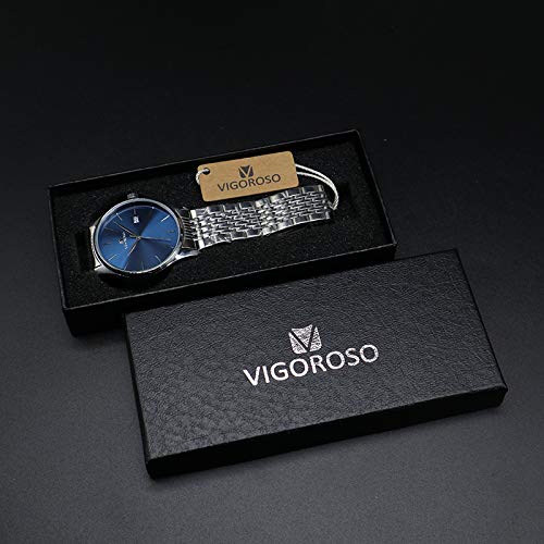 VIGOROSO Men's Fashion Ultra Thin Watches Stainless Steel Sport Quartz Analog Date Hours Wrist Watch (Blue)