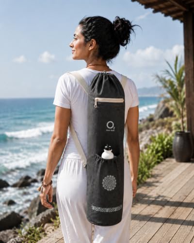 Image of O2 Yoga Mat Bag | Cotton Yoga Mat Carry Bag with Adjustable Double Straps | Yoga Mat Cover Bag for Women & Men | Fits 2mm-10mm Mats - Charcoal Mandala Block Print