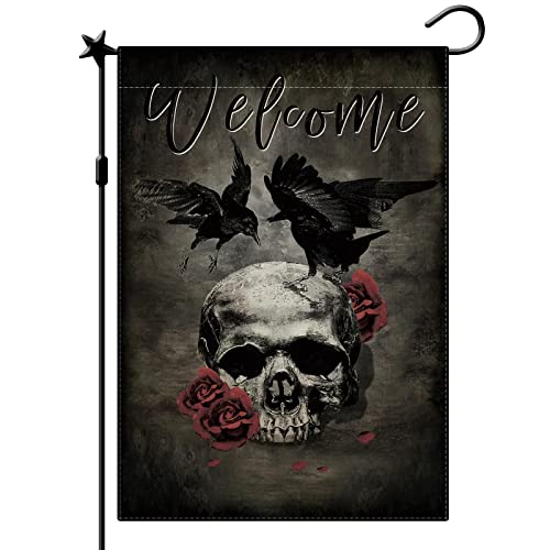 Cmegke Skull With Crow Garden Flag Welcome Skeleton Garden Flag Skull Garden Flag Halloween Flags Double Sided Burlap Holiday Halloween Rustic Farm Home Outdoor Yard Decor 12.5 X 18 In #TOP5