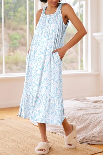 Image of Ekouaer Women's Nightgowns Long Sleeveless Night gown with Pockets Soft Ladies Nightdress