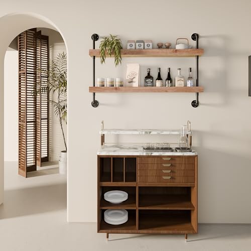 Image of Industrial Wine Rack Wall Mounted, Solid Wood Shelf with Metal Pipe Brackets, 2-Tier Rustic Hanging Organizer for Wine Bottle Storage in Kitchen, Bar, Pub, Cellar(Weathered Brown, 48 Inch)