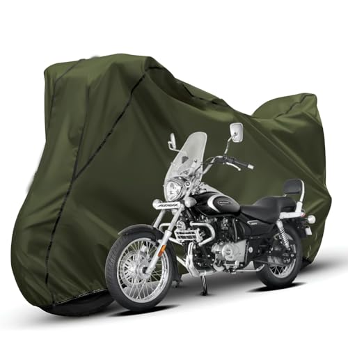 Image of Waterproof Bike Body Cover Compatible with Bajaj Avenger Dustproof Scratchproof - Motorcycle Cover for Two Wheeler, Outdoor Full Cover with UV, Duty, Rain Protection (Olive with Black)
