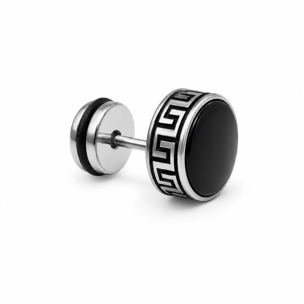 divaura Men Silver Round Black Ear Earrings & Studs, Greek Key Design, Premium Finish & Stylish Wear Look-picture-12