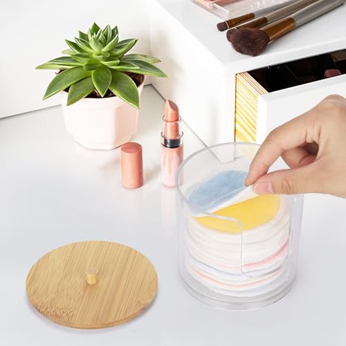Image of Tbestmax Plastic Cotton Round Holder and Dispenser, Clear Bathroom Organizer Storage for Cotton Pads - Bamboo Lids