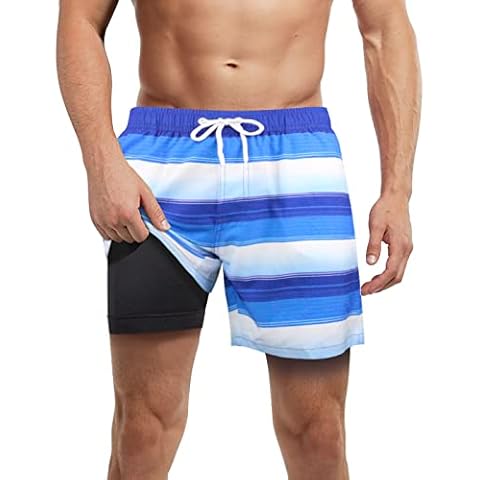 LUCOWEE Mens Swim Trunks with Compression Liner no Chafe Boxer Brief Lined Swimming Trunks Quick Dry UPF 50+ Stretchy 5/7 inch Inseam Bathing Suit Shorts Size Small 28-30 Cover