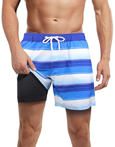 LUCOWEE Mens Swim Trunks with Compression Liner no Chafe Boxer Brief Lined Swimming Trunks Quick Dry UPF 50+ Stretchy 5/7 inch Inseam Bathing Suit Shorts Size Small 28-30