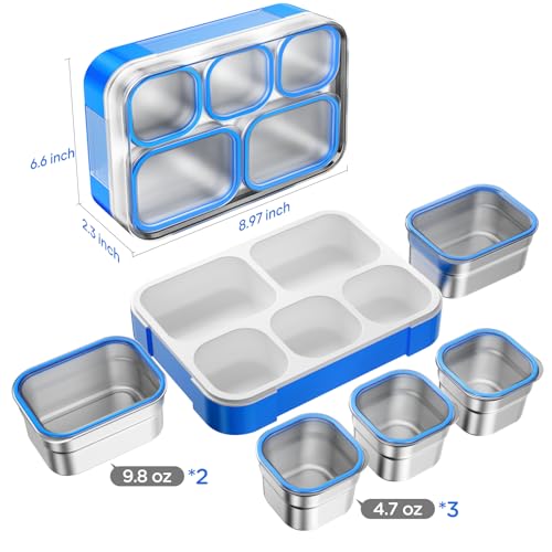 Lunch Box Stainless Steel Bento for Kids Adults Leakproof BPA-Free with Lunch Bag Metal Lunch Containers Tray 5-Compartment with Fork for Boy Food Snack Containers for School Outdoors Navy-Blue