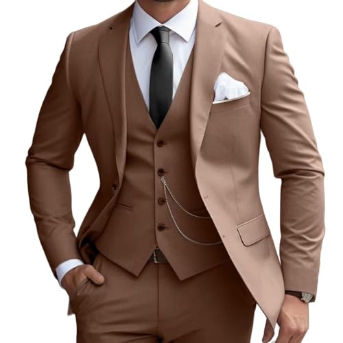 Mens 3 Pieces Classic Suit Wedding Blazer Grooms Jackets Vests Pants Suits Brown