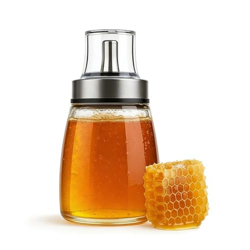 Hynorian Honigspender Glas 180 ml Tropffrei Honigspender mit Edelstahl Ausgießer Sirup Spender Honigglas Süßstoffspender mit Deckel für Frühstückstisch Küche Kaffee Bar Buffet