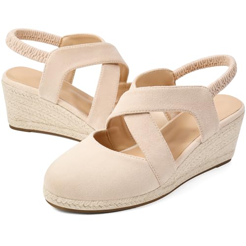 Image of HARENCE Espadrilles Wedge Sandals for Women: Comfortable Closed Toe Ankle Strap Elastic Shoes Summer Dressy Platform Heels
