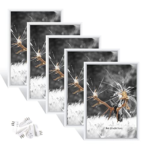 Dmyifan Picture Frame DIN A4 White Set of 5 Photo Frames with Plexiglas, Frame for Standing and Hanging for Photos Portraits