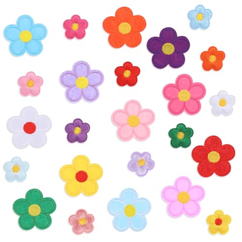 Bewudy Lot de 24 écussons thermocollants en forme de fleur - 2 tailles - Pour sacs, jeans, chemises, réparation et décoration