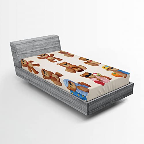 Ambesonne Cartoon 2 Pack Fitted Sheet, Teddy Bear Design, Bed Cover All-Round Elastic Deep Pockets 2 Pieces, Package Contains 2 Twin Size Fitted Sheets, Chocolate Cream