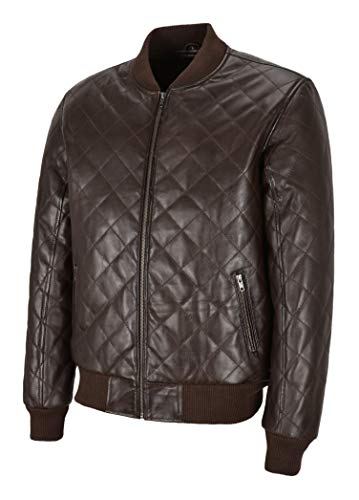 Mens 70s Bomber Leather Jacket Brown Quilted Street Inspired Retro Jacket 275-D3