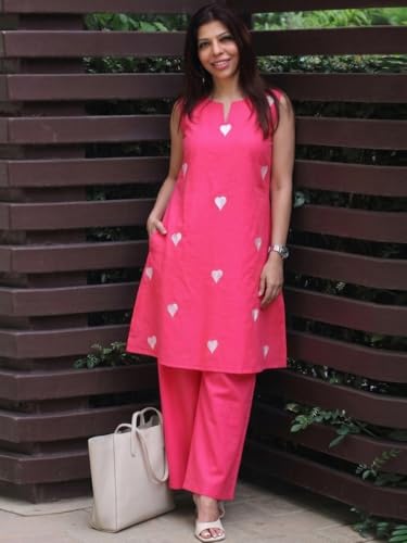 Image of ANNI Designer Kurta Set for Women Cotton Blend Embroidered | Kurti Set for Woman | Farshi Salwar Suit Kurta Palazzo Outfit | Round Neck V Slit Sleeveless Regular Fit Ethnic Dress Stylish Clothing