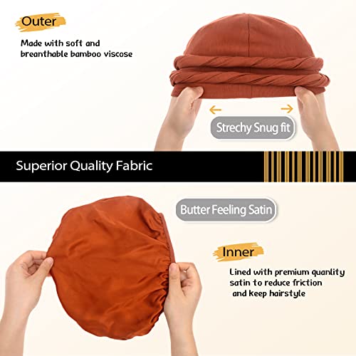 Silk Satin Lined Halo Turban Bonnet - Pretied Tail Design Head Wrap Durag For Men And Women - Sleep Cap Hair Cover(Black&Caramel) #TOP2