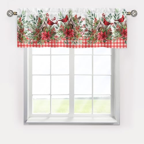 Curtains Valance,Christmas Red Bird Short Curtains Valance for Window,Blackout Valance Curtains,Rod Pocket Valance Window,Christmas Holiday Decor Window for Kitchen Bathroom Living Room Bedroom