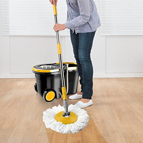 Mastertop Spin Mop Bucket With Wringer Set, Floor Mop With 2 Wheels, Stainless Steel Adjustable Handle, 5 Microfiber Washable Mop Refills, 1 Floor Brush, Laminate, Hardwood, Tiles #TOP2