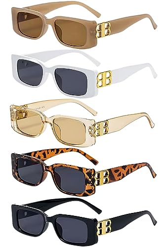 5 Pieces Y2K Small Rectangle Square Sunglasses Bulk for Women UV400