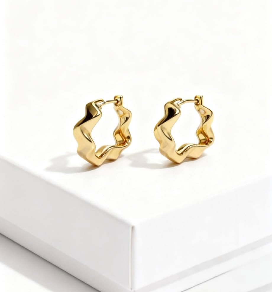 Elegant Gold Wave Hoop Earrings, 18K Gold Plated, 1.18cm x 0.32cm, Lightweight 1.62g Pair, Fashion Jewelry for Women - Image 5