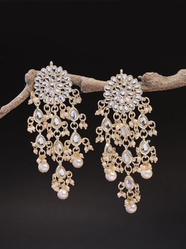Image of Sukkhi Beautiful Floral Style Gold Plated with Pearls & Kundan Studded White Long Dangler Tassel Earring Jewellery for Women & Girls|E107329