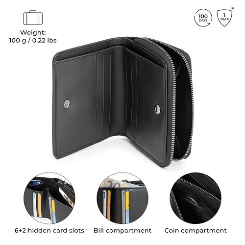 Image of BERLINER BAGS Genuine Leather Small Wallet Women Sara, Gift Box - Black | Soft Leather Bifold Zip Wallet, Fits Purses & Crossbody Bags, 8 Card Slots, Zipped Coin Pocket, RFID Blocking