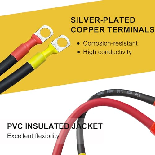 Image of 4 AWG Battery Cable, 1FT 4 Gauge Pure Copper Battery Inverter Cables with 3 /8 in Lugs Both Ends Power Inverter Wire Set for Automotive Solar Marine Boat RV Car Motorcycle Red and Black (1FT 2PCS)