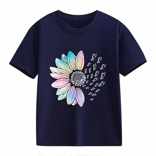 Girls Loose Fit Sunflower Graphic T Shirts Short Sleeve Crewneck Cute Pattern Printed Tops (A-Dark Blue, 10-11 Years)2