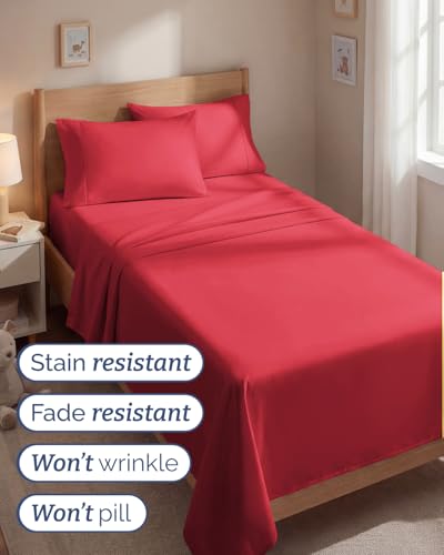 Image of Twin 4 Piece Bed Sheet Set - Comfy, Breathable & Cooling Bed Sheets - Red | Ultra Soft Hotel Luxury Bedding Set with 8-16 Inch Deep Pockets, 1 Flat & 1 Fitted Sheet & 2 Pillowcases, Wrinkle & Fade Free