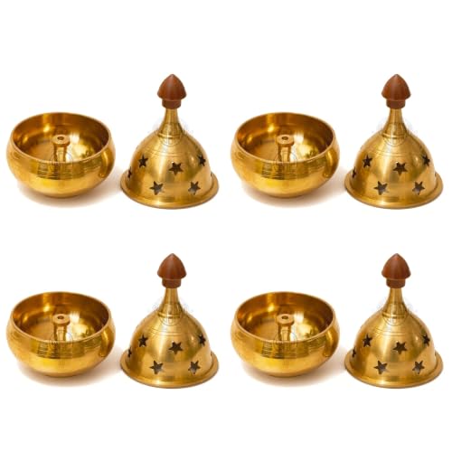 Image of Brass Diya Pure Brass Traditional Oil Puja Lamp for Temple, Mandir, Festival Decoration, Home Decor & Diwali Gift (Star Dome, Set of 4)