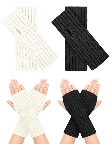MELLIEX 2 Paar Fingerlose Handschuhe, Warm Pulswärmer mit Daumenloch Strick Handstulpen Winter Unisex，Schwarz + Weiß